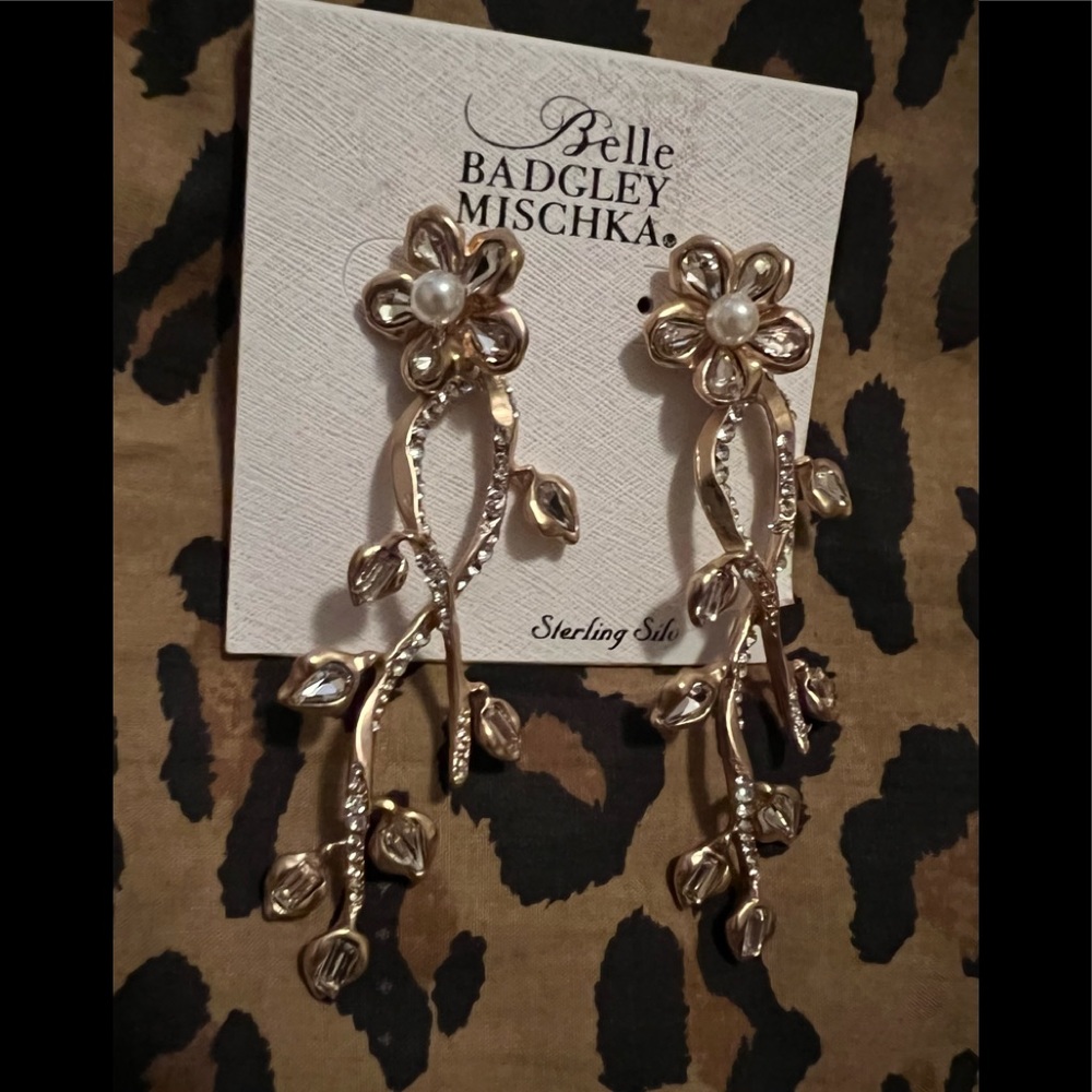 Belle Badgley Mischka Gold/Crystal/Pearl Statement Earrings New